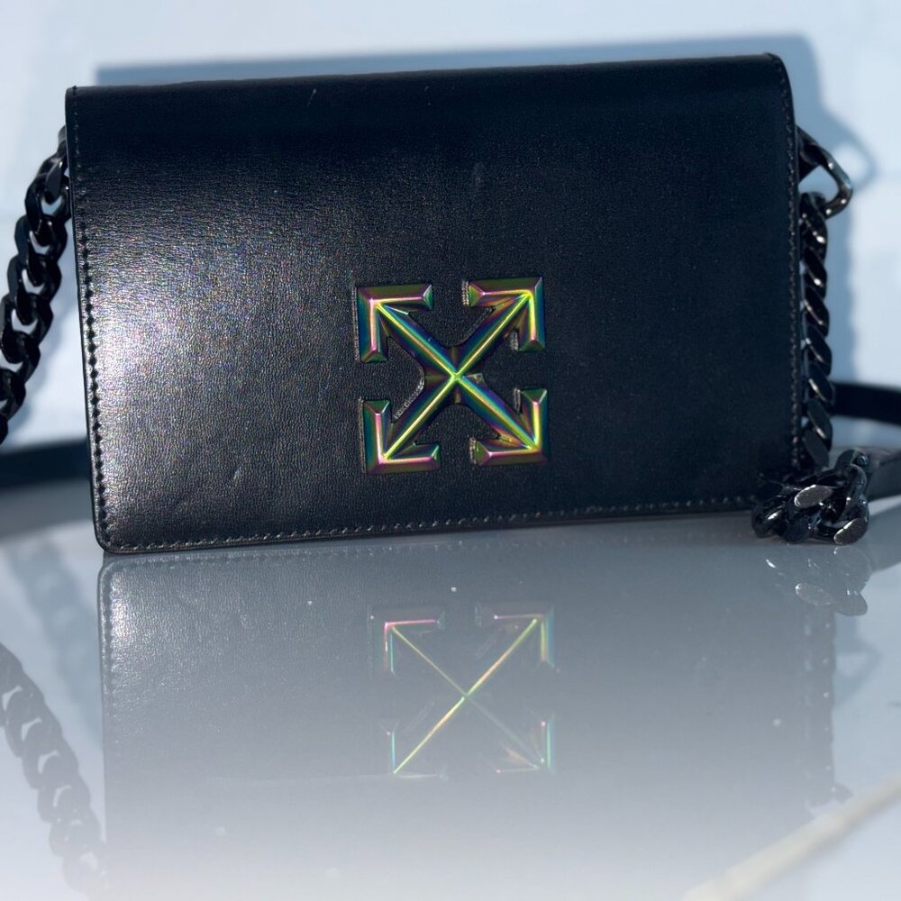 Off-White Black Leather Crossbody Bag – Iridescent Arrow Logo & Red Interior